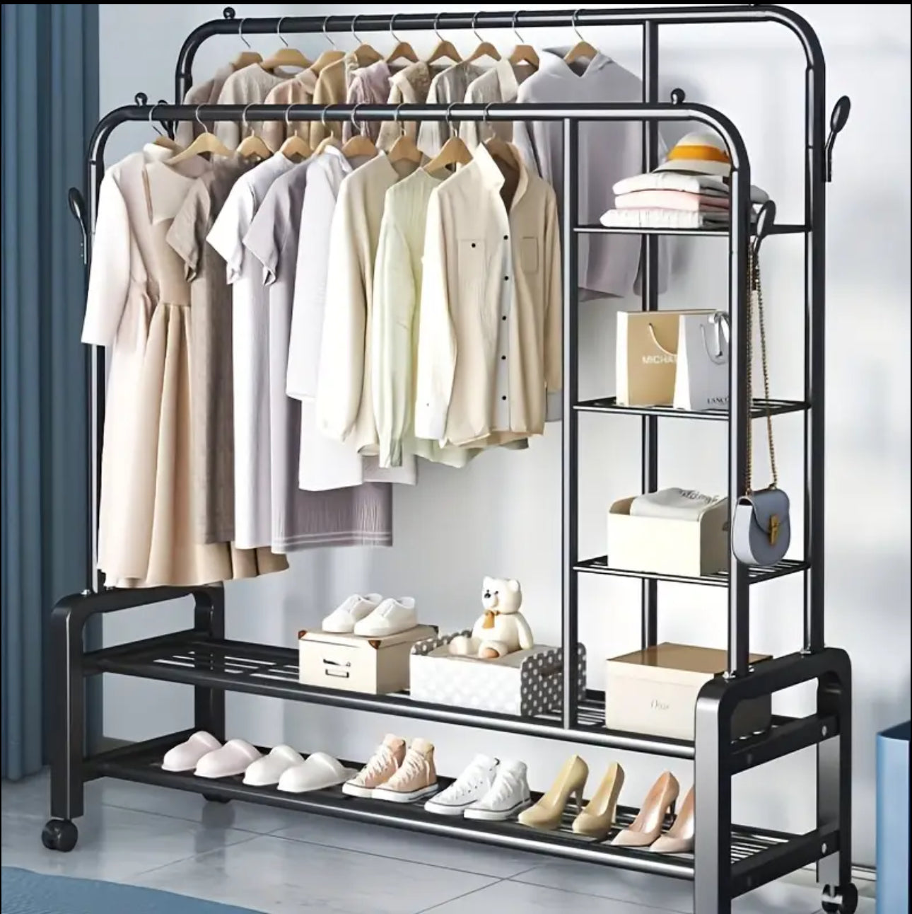 Double Layer Garment Rack Floor Standing Clothes Hanger