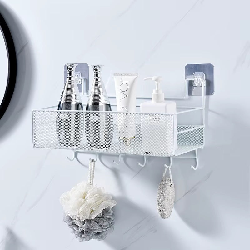 wall-mounted bathroom shelf shower shampoo rack with hooks