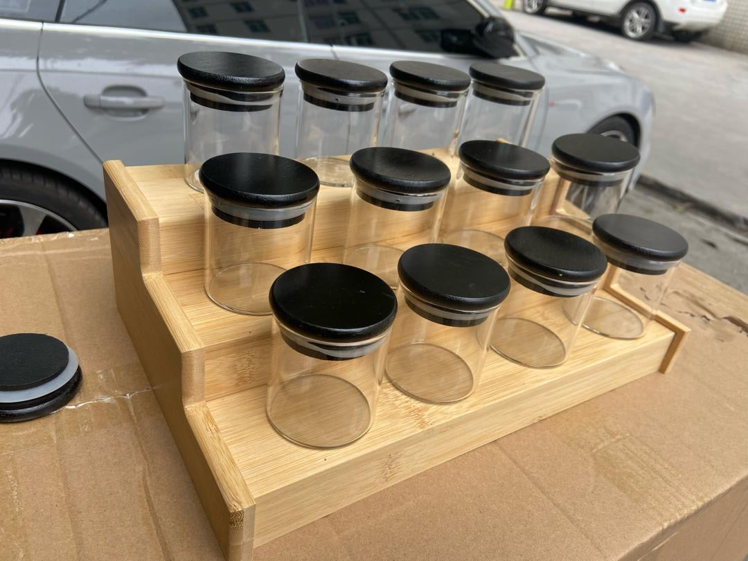 12Pcs Glass Spice Jars with Bamboo black Lid + stand