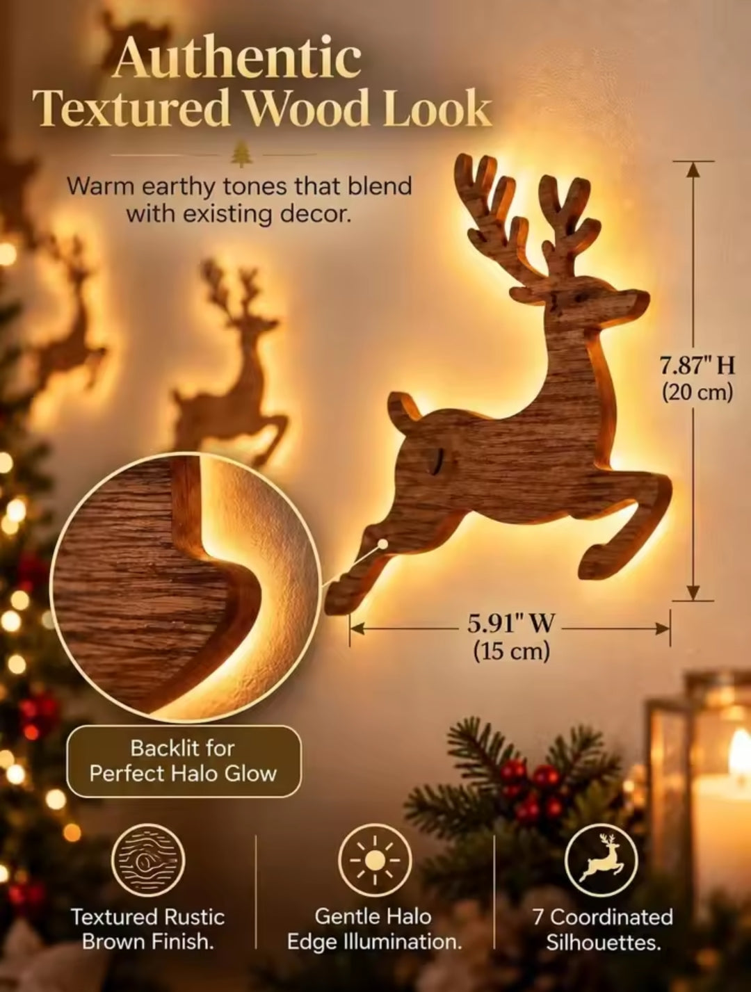Set of 7 -3D Reindeer Glow Santa Christmas Wall Decoration with Lighting
