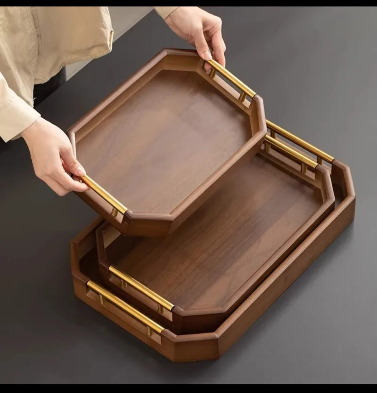 Modern Rectangular 3in1 Bamboo decorative serving tray with Customised Metallic Handles.