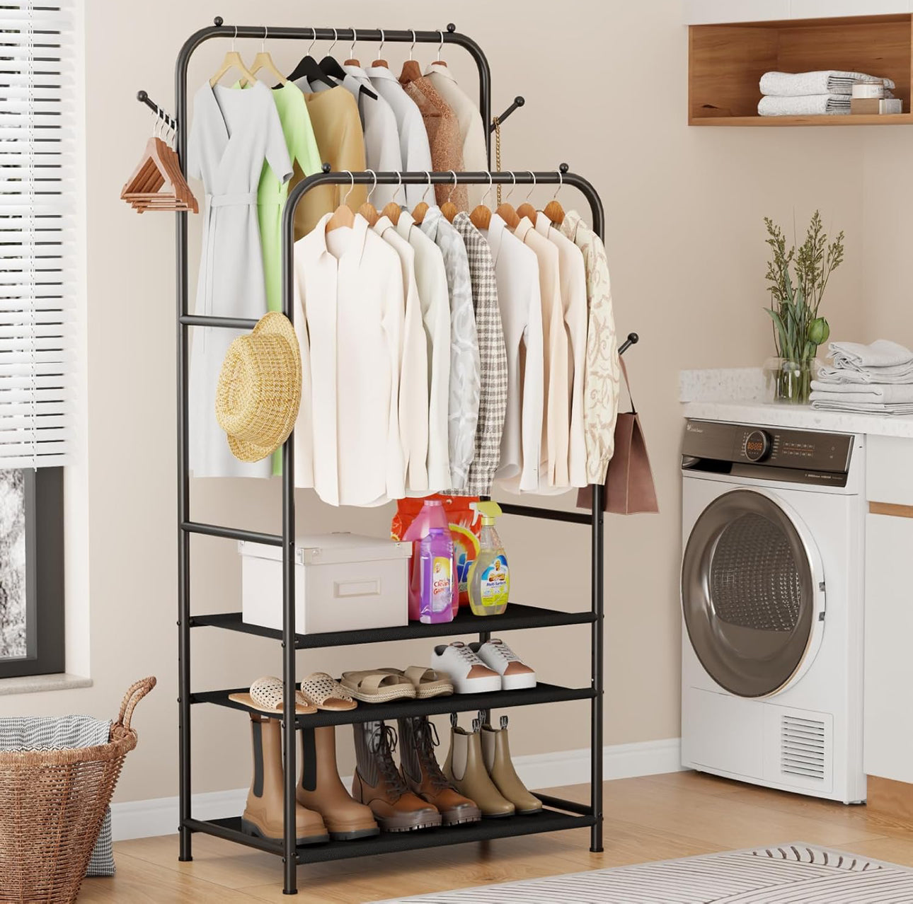 Double Clothing Garment Rack With 3-Tier Storage Shelf