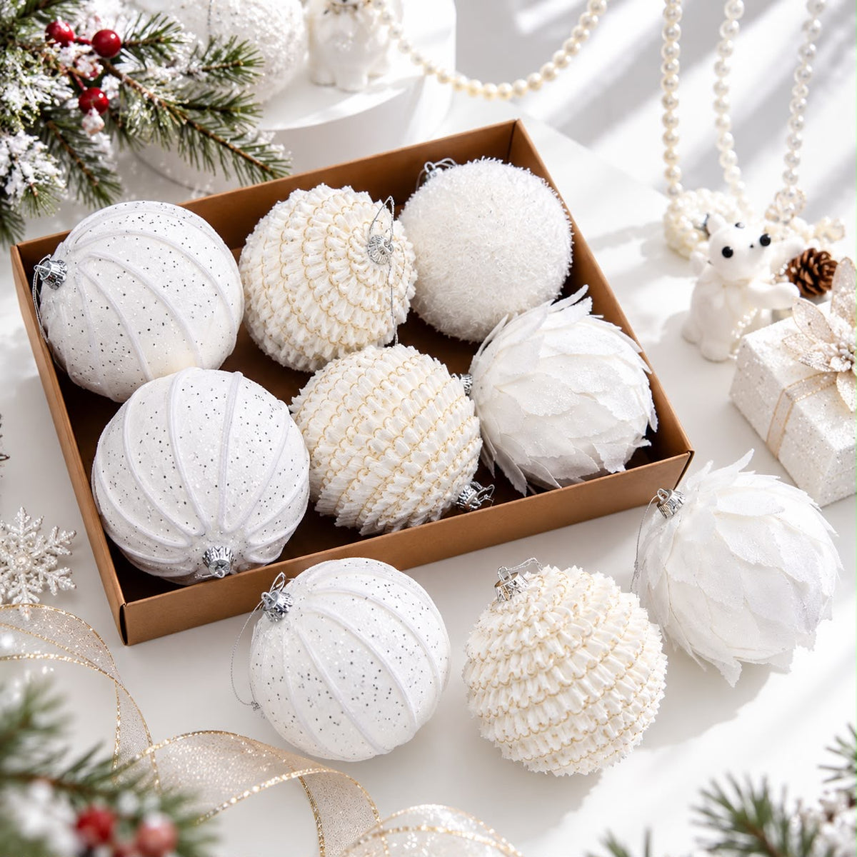 WHITE CHRISTMAS BAUBLES Set of 6