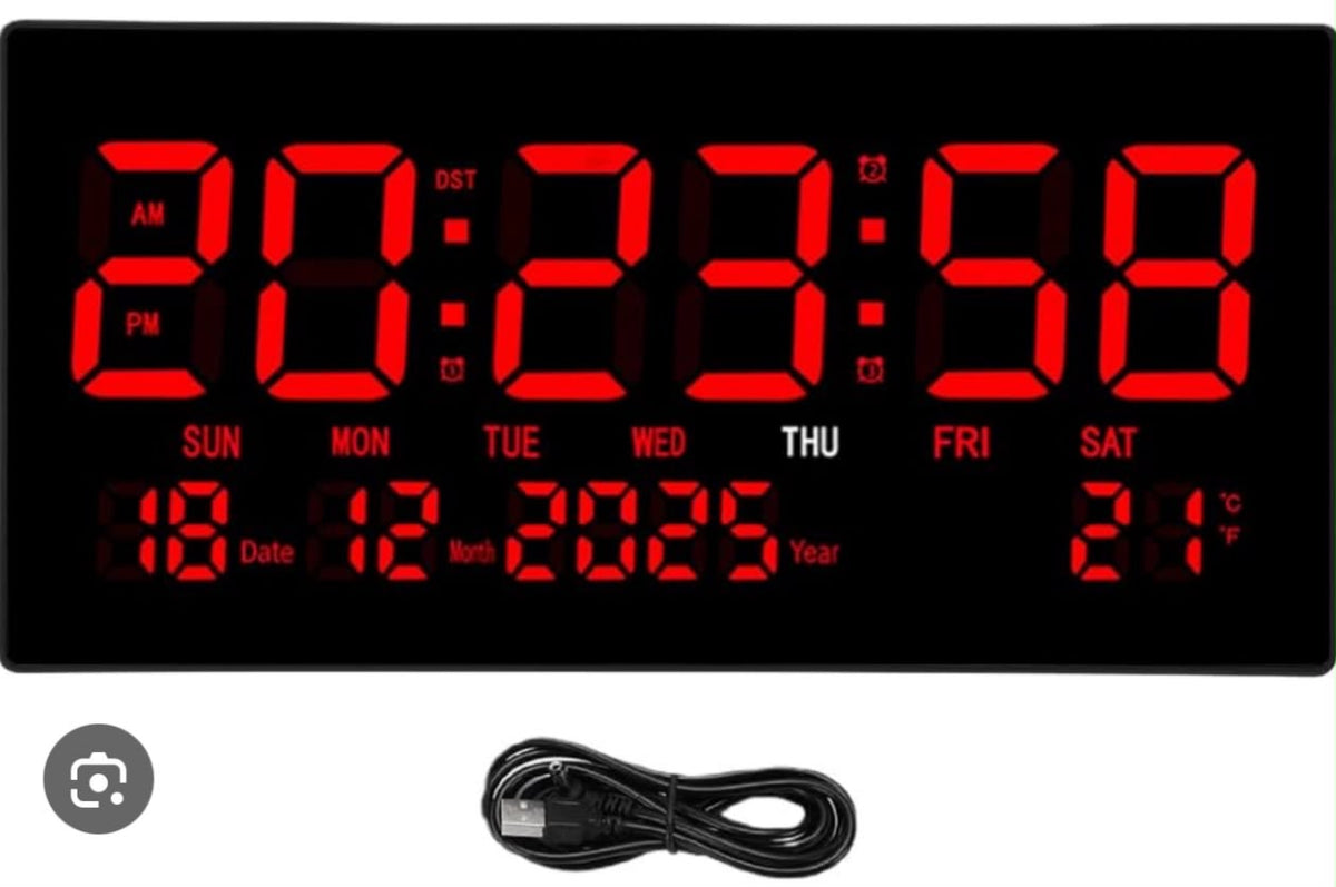 Large LED digital wall clock, model JH 6826, with a bright red digital display, perpetual calendar, and temperature monitor