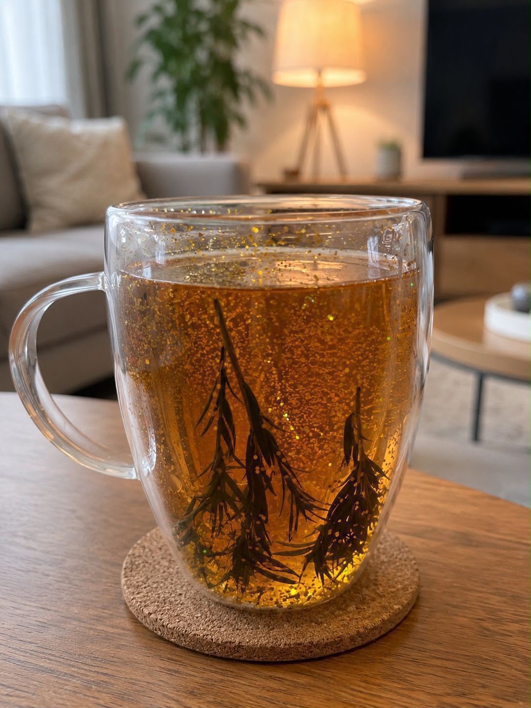 High borocillicate double-wall glass mug with pressed floral designs