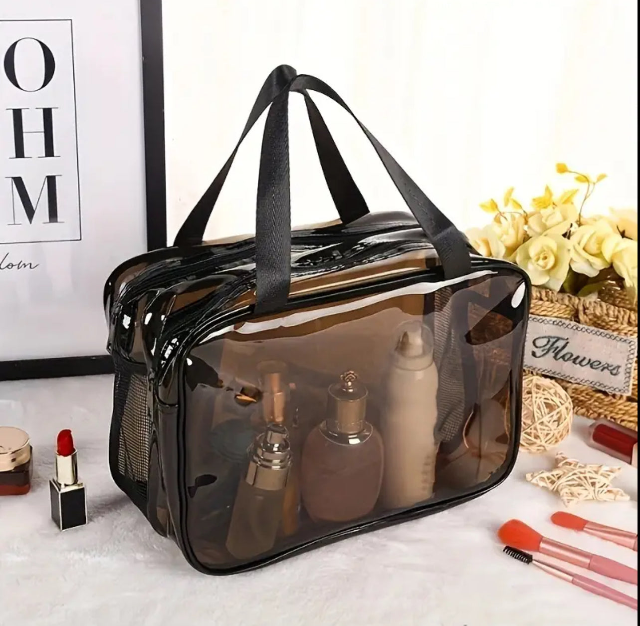 Double sided transparent waterproof toiletries make up bag