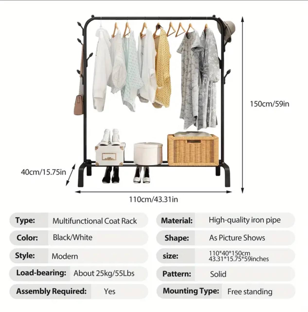 Clothing Rack With Lower Storage Shelf for Boxes /Shoes And Side Hooks
