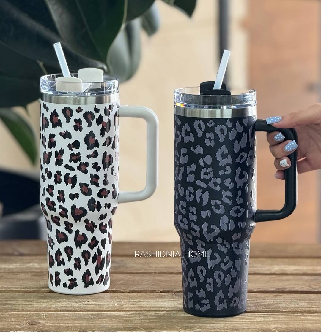 1200ml Large Capacity Vacuum Insulated Stainless Steel Tumbler,chui/Leopard Print, with Handle, Light Pink Leopard