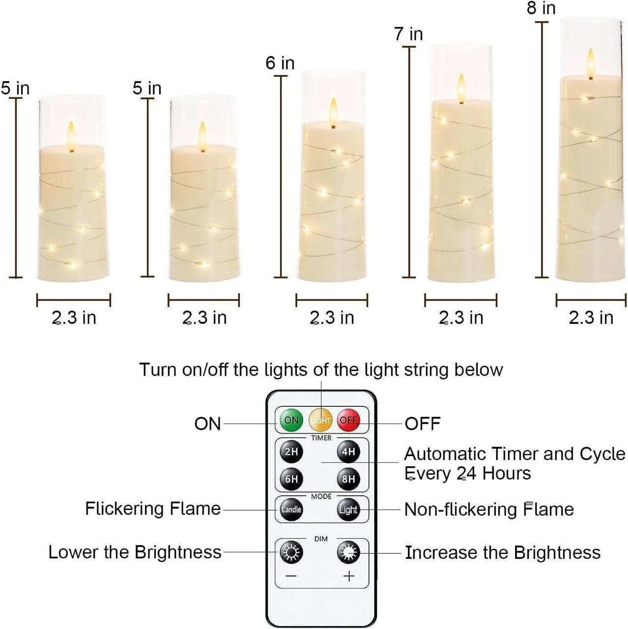 Acrylic flameless LED candles with string light powered by AA batteries remote control operated