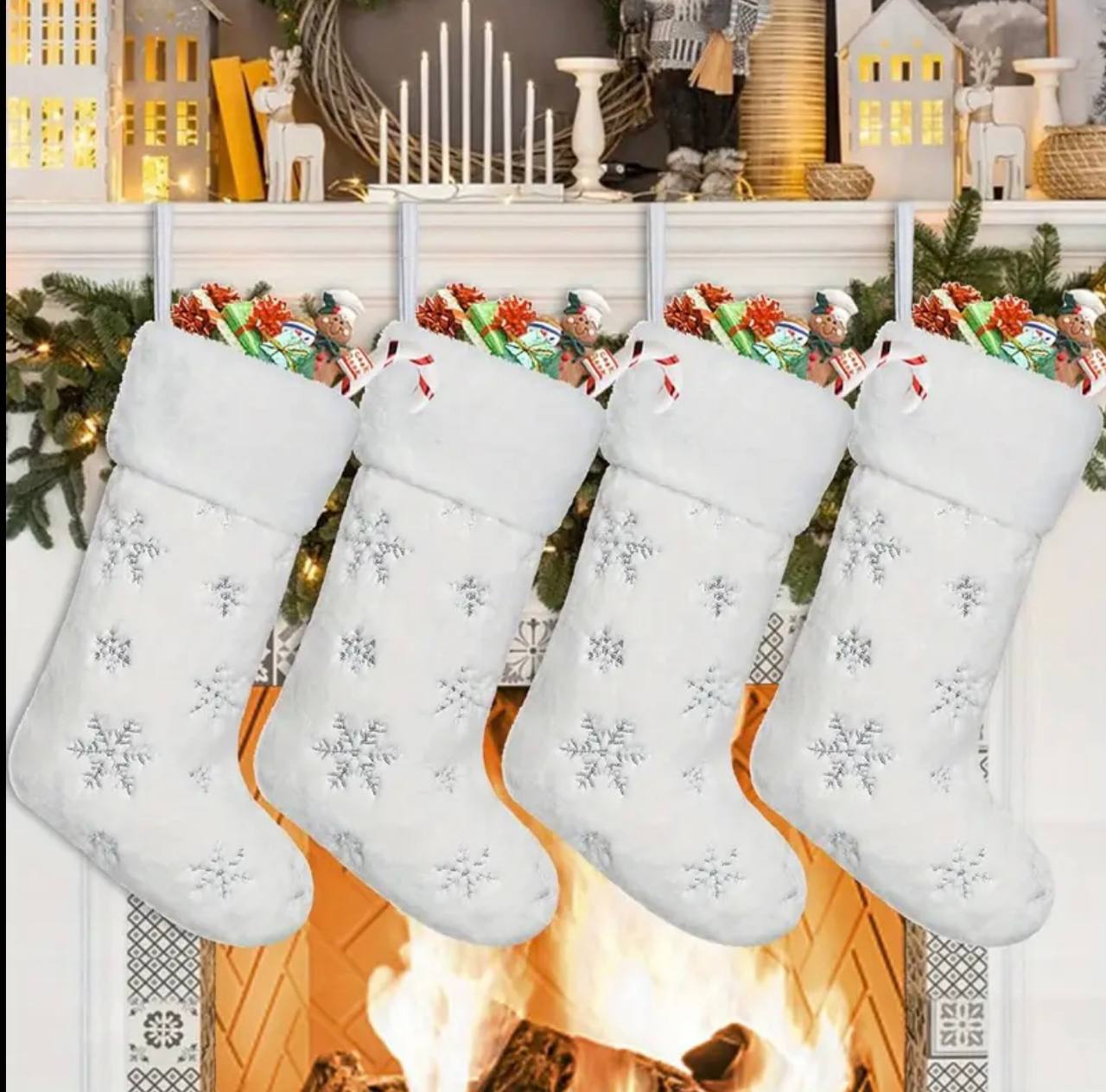 4 Pack Christmas White Faux Fur Xmas socks with Silver Sequin Snowflakes