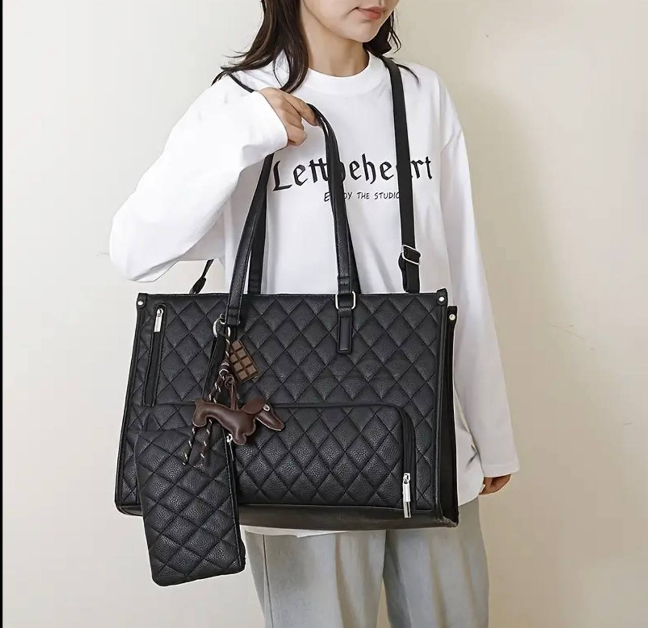 Quilted Large Capacity 15.6” Business Laptop Tote Bag with Insulated Lunch Compartment