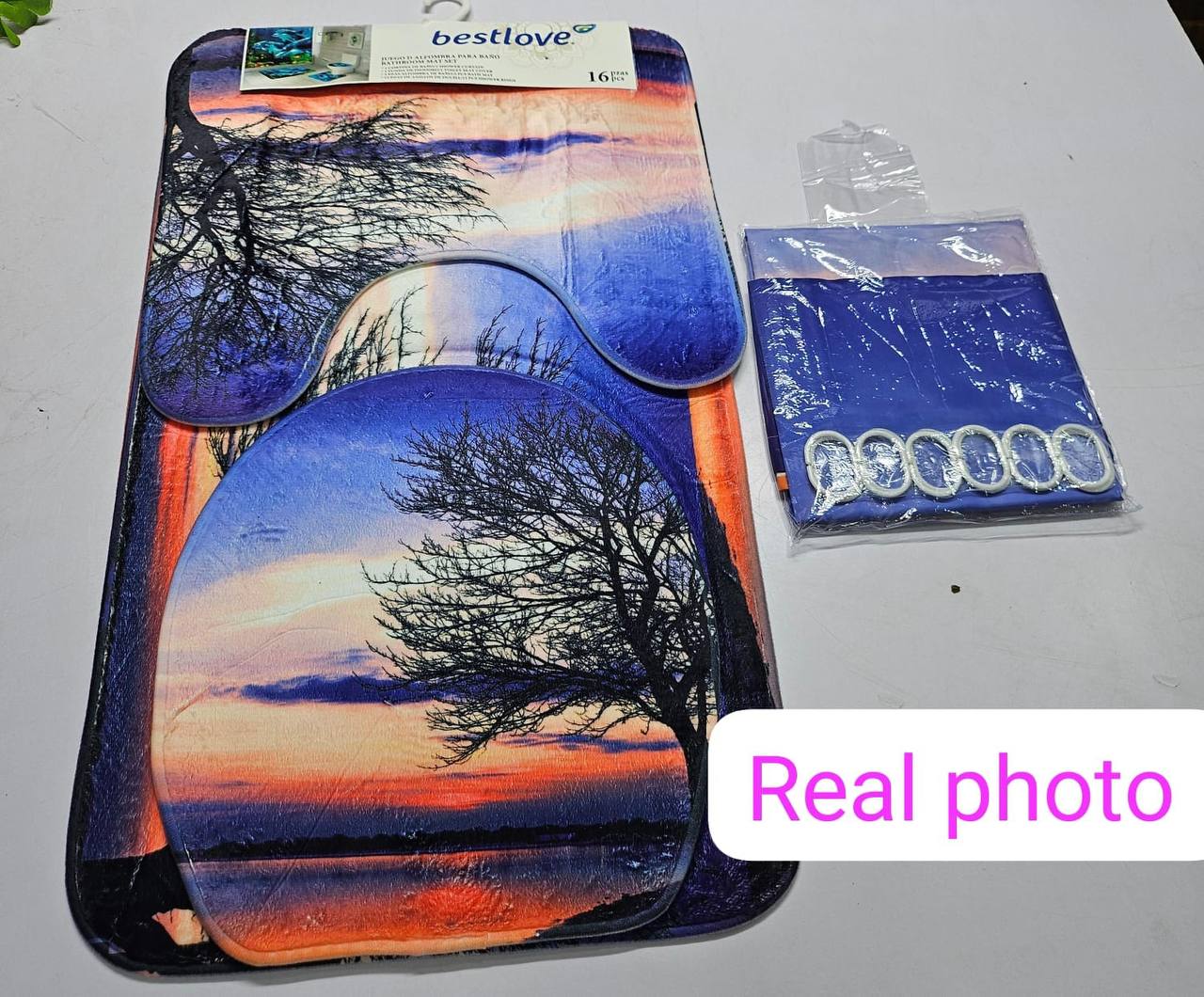 3D 4in1 bathroom woolen mats with a waterproof shower curtain