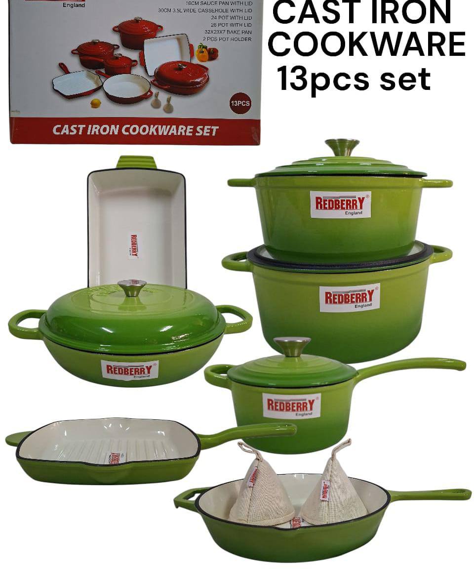 Experience premium performance with this 13-piece enamel cast iron cookware set at