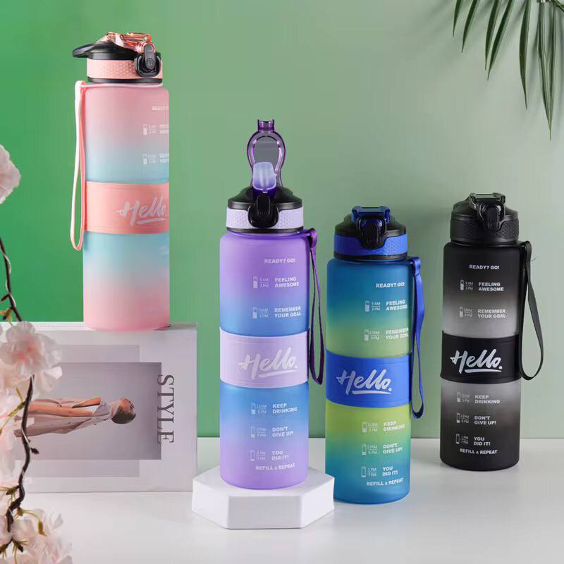 1000Ml Hello Leakproof BPA Free Drinking Water Bottle with Time Marker & Sthraw