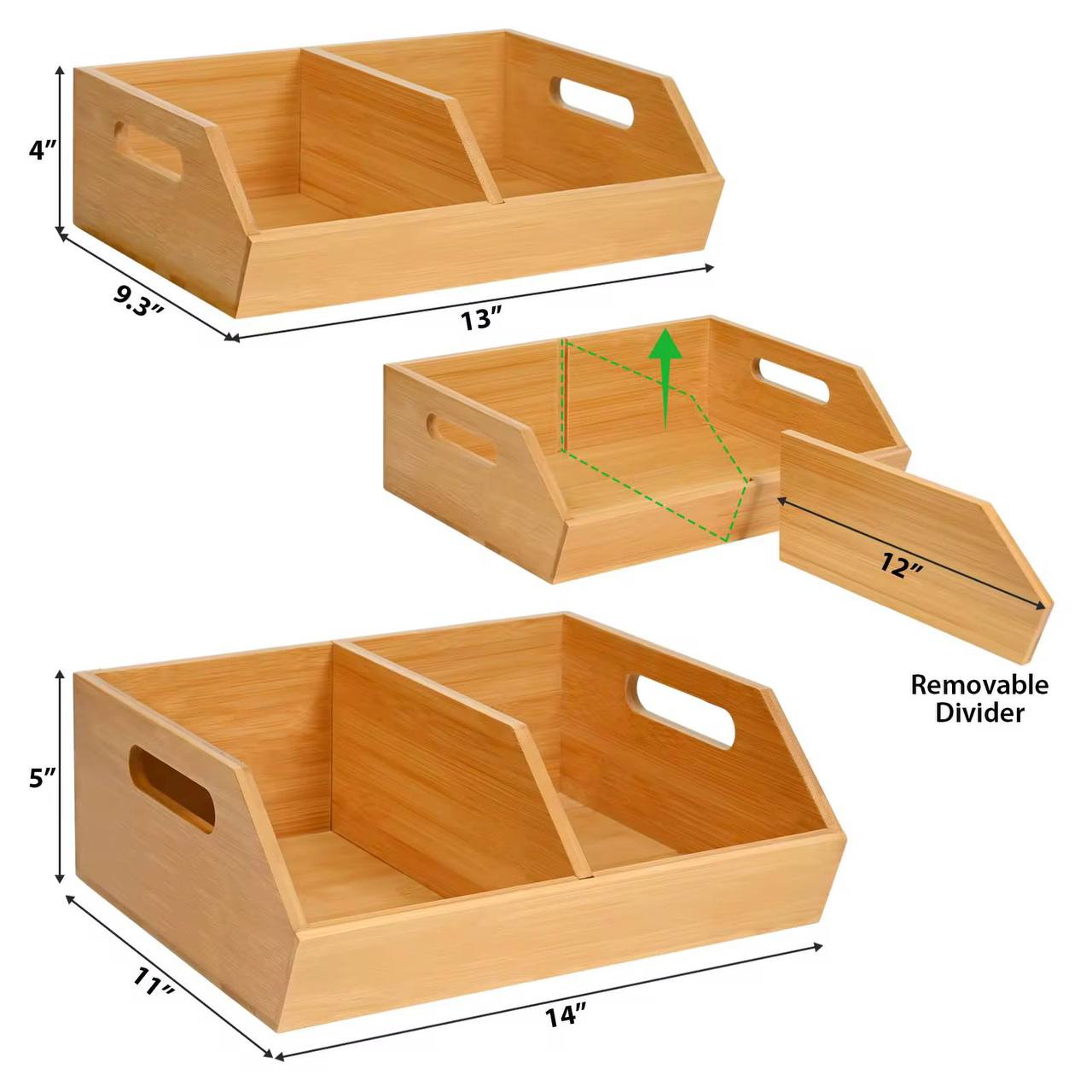 Bamboo pantry organizer/storage bin with removable divider*