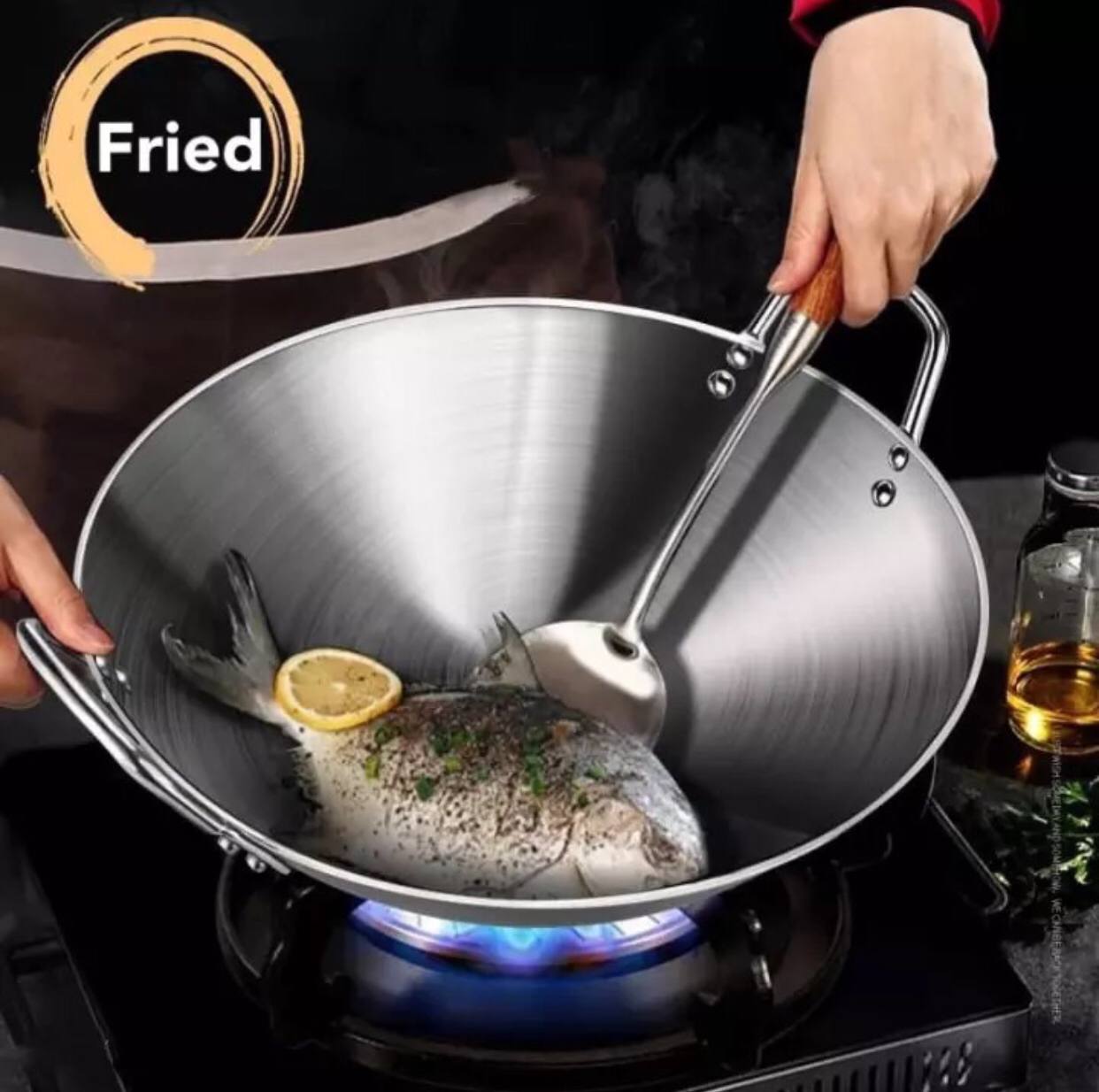 Thickened heavy gauge aluminum two sided-handle wok frying pan
