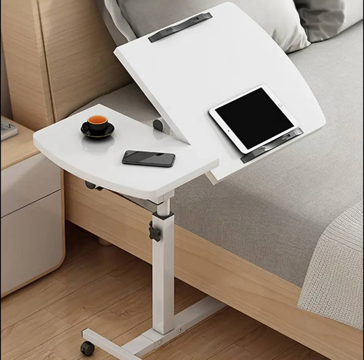 Adjustable Overbed Laptop Table with Wheels Multi-Purpose Rolling Bedside Table
