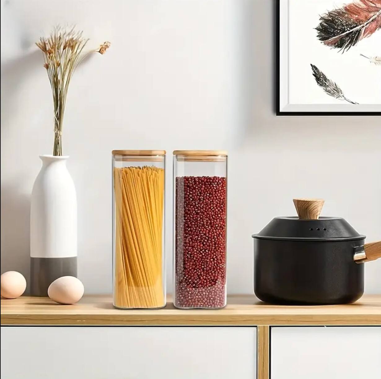 Glass spaghetti/cereal jar with airtight Bamboo lid