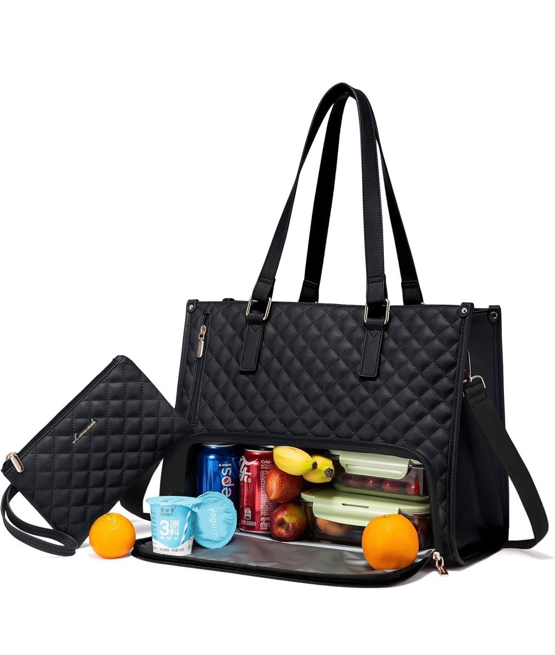 Quilted Large Capacity 15.6” Business Laptop Tote Bag with Insulated Lunch Compartment