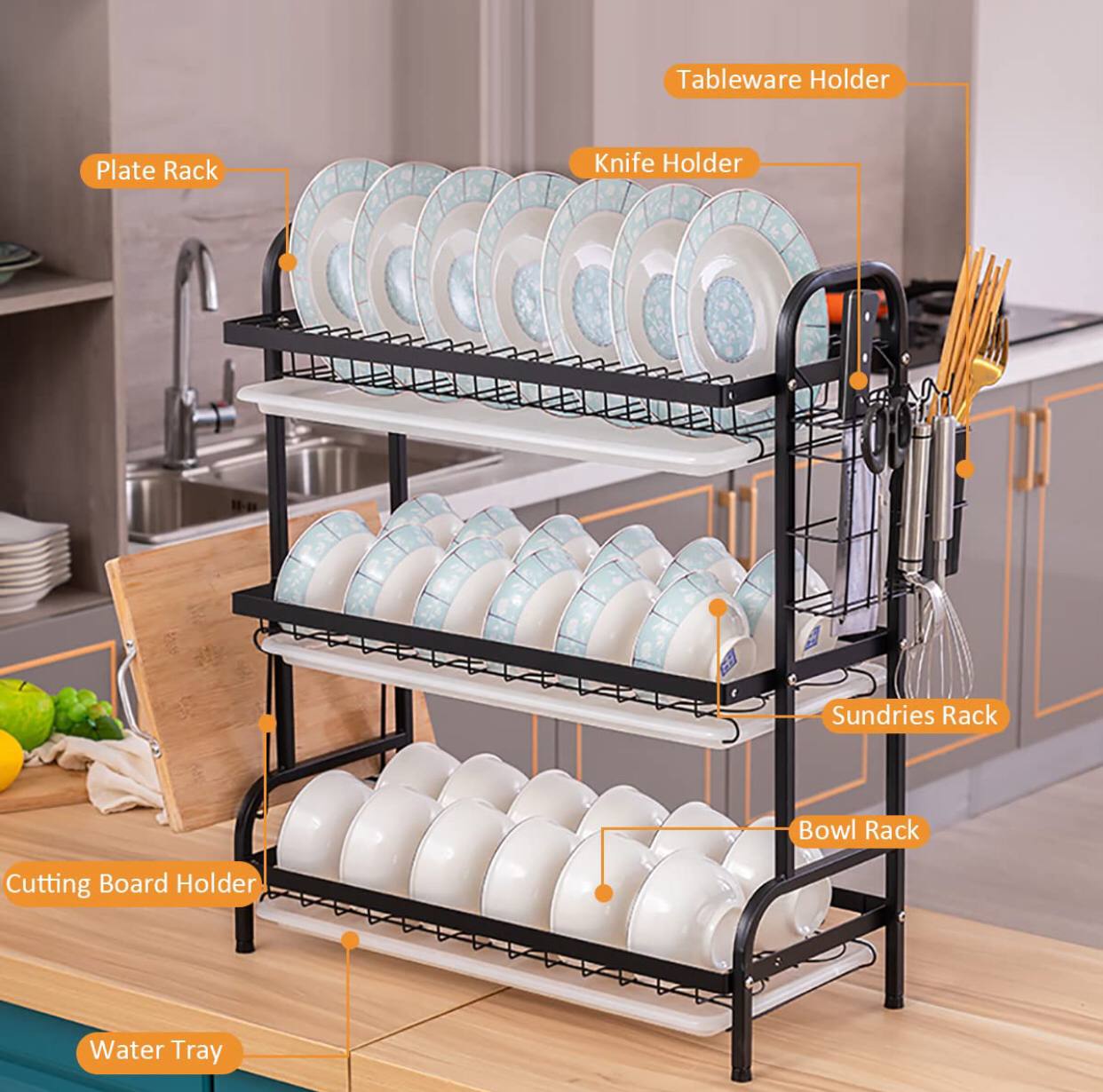 High quality heavy duty 3 tier dish rack with cutlery holder