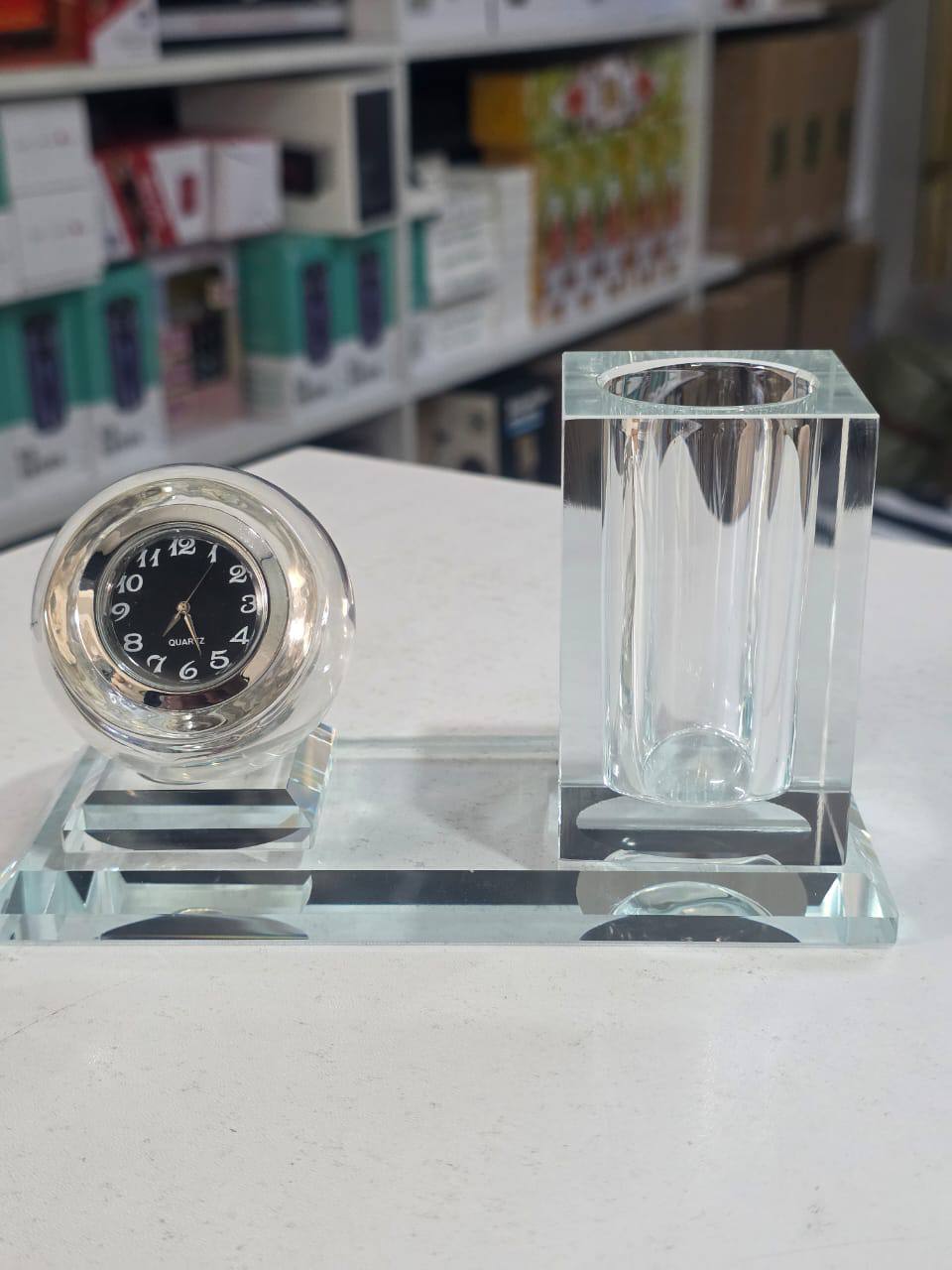 Crystal glass Desktop clock & pen holder set