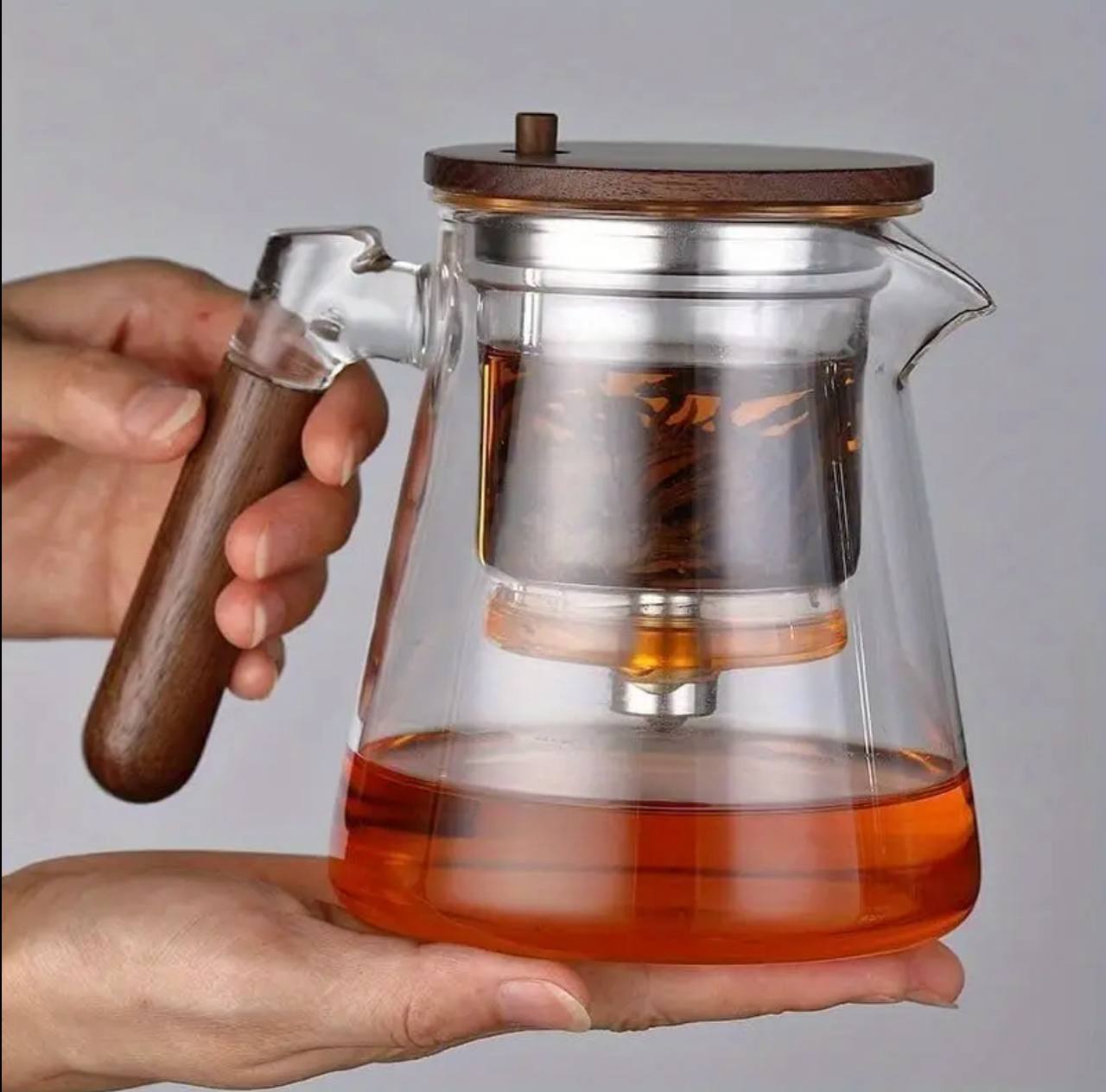 Classy frosted glass tea /beverage pot with bamboo handle