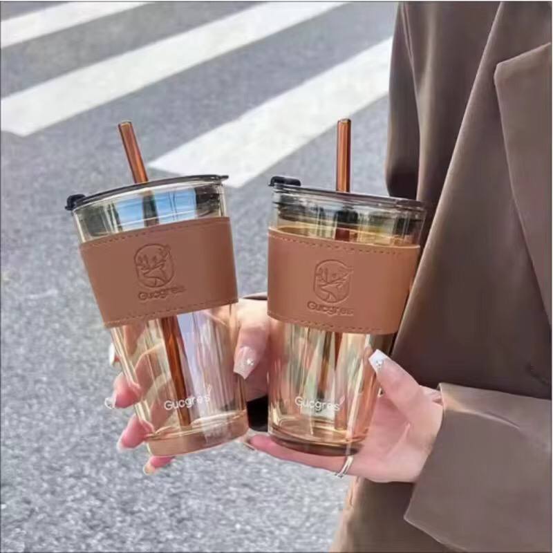 Glass Cups With Cover+Straw+Leather Sleeveand,Reusable Boba Bottle, Iced Coffee Glasses, Travel Tumbler For Bubble Tea