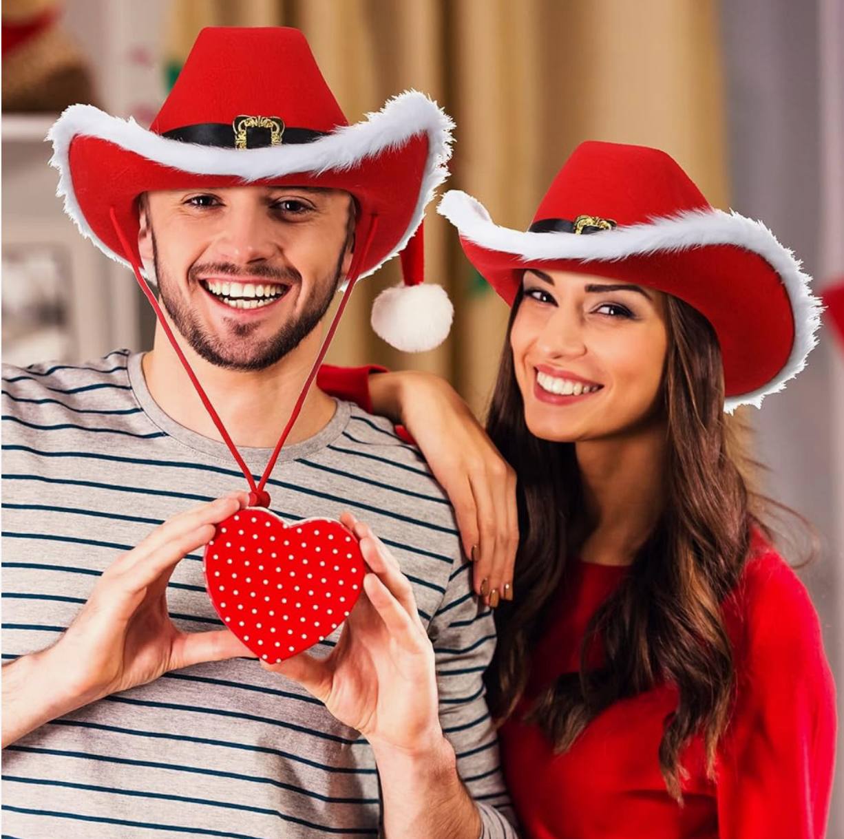 Christmas Red Cowboy Hat Women Men Feather Black Belt Soft Hats Adjustable Comfortable Santa Cap