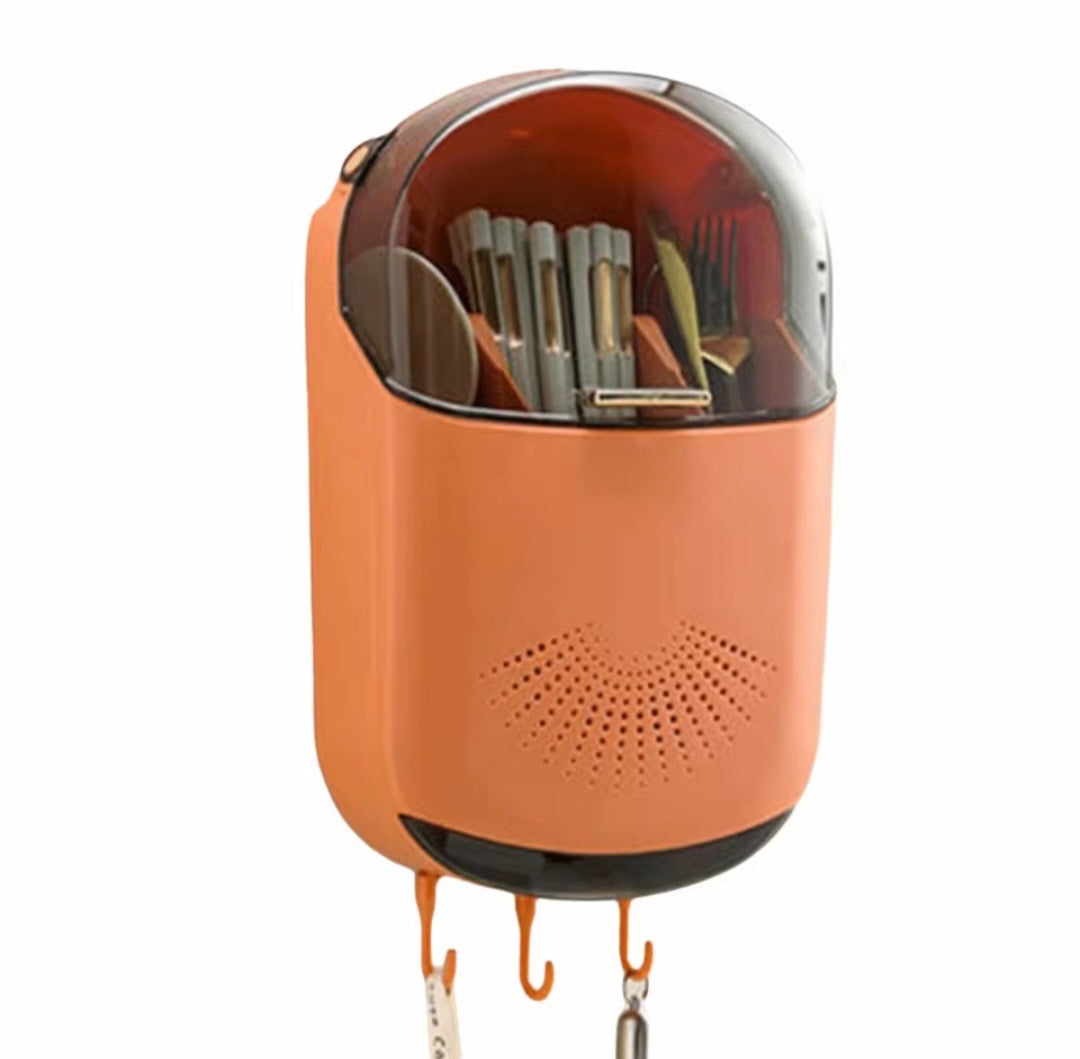 Wall Mounted Punch-free Cutlery Holder with Lid and Drain hole.