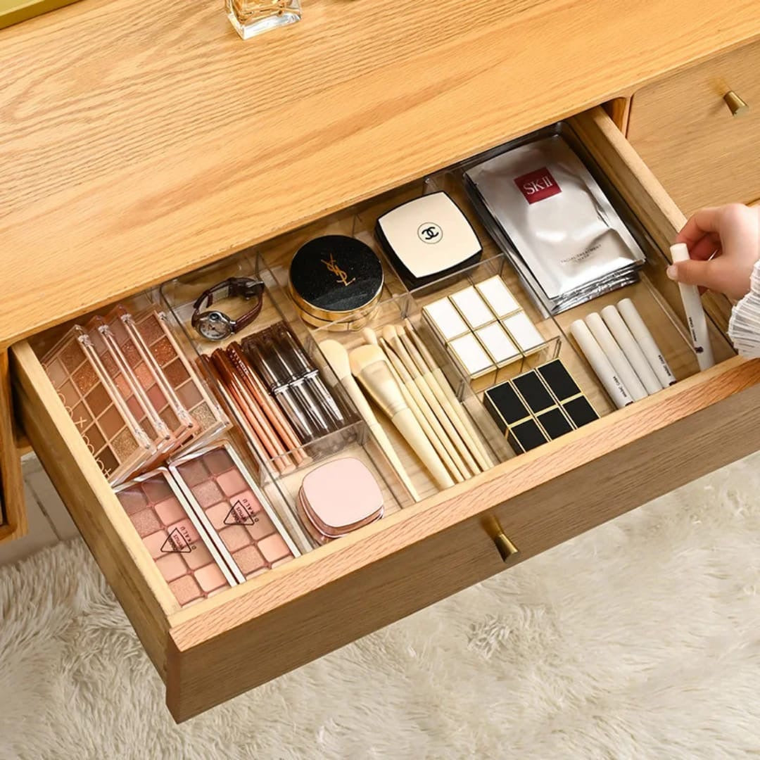 Acrylic expandable drawer organizer.