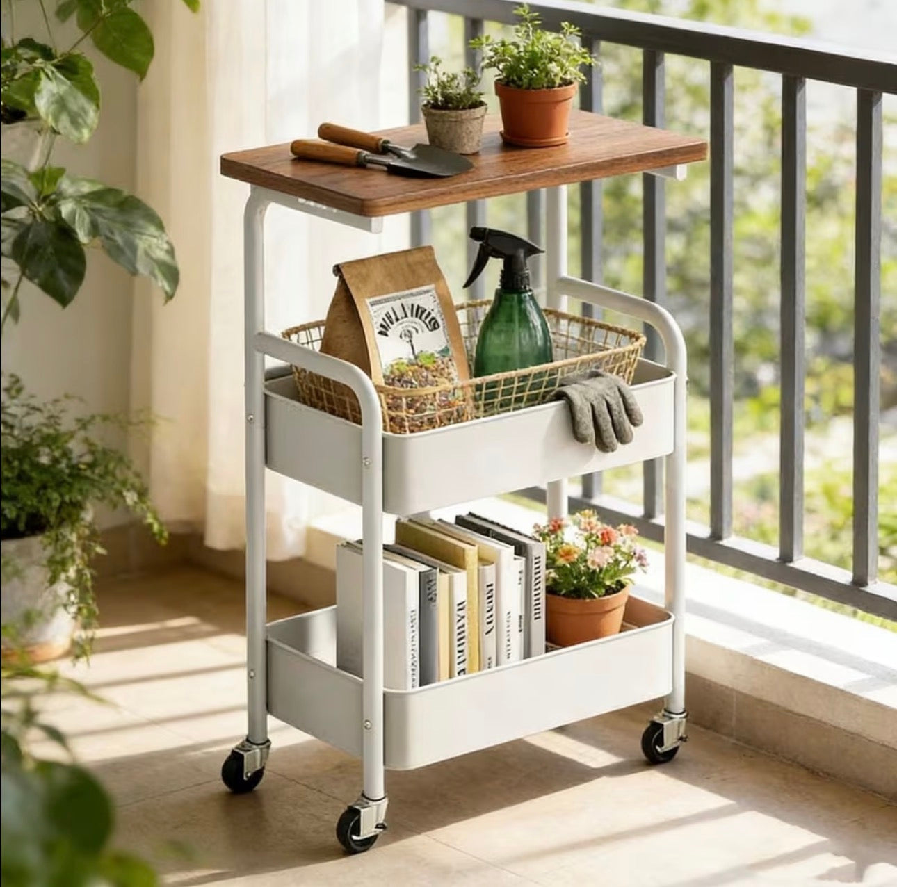 wooden top double mesh trays trolley rack