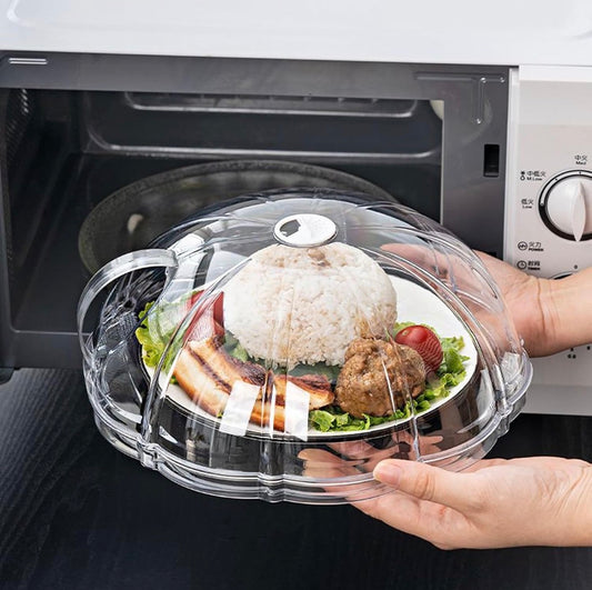 Multipurpose transparent microwave / food  splatter cover with an integrated base plate and handle