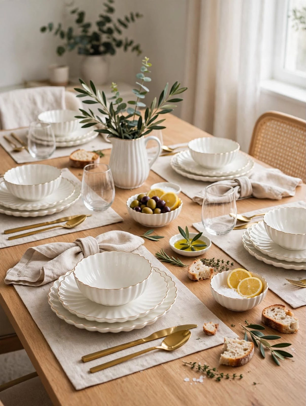 24pc Scalloped Dinner Set — white with that perfect gold rim detail.