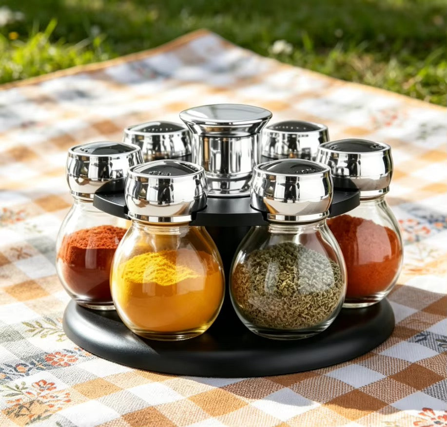 Revolving Spice Rack | Glass Jar Bottles Set of 6