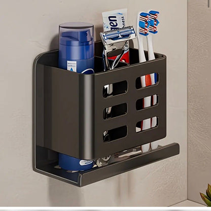 Carbon metal toothbrush holder.
Has screws for drilling
