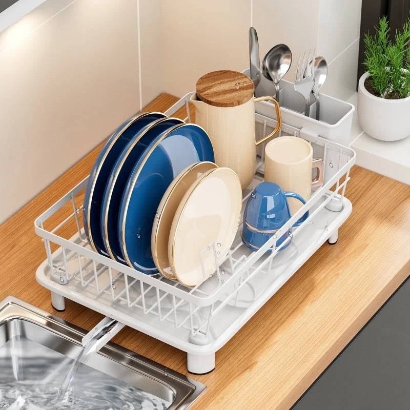 Minimalist countertop dish drying rack with a durable white-coated metal frame and removable utensil holder.