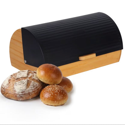 Bamboo Bread Box with Roll-Top Black Lid