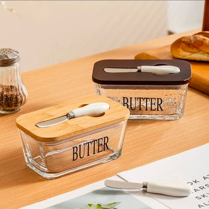 Glass butter dish with bamboo lid and spread knife
