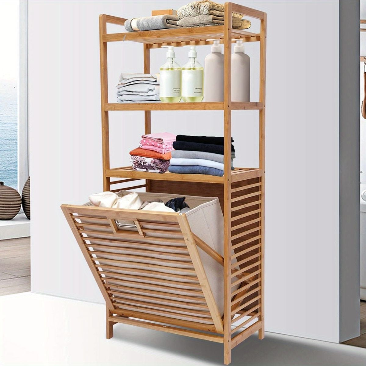 Bamboo Laundry Basket Organizer | 2-Tier Shelves & Tilt-Out Basket