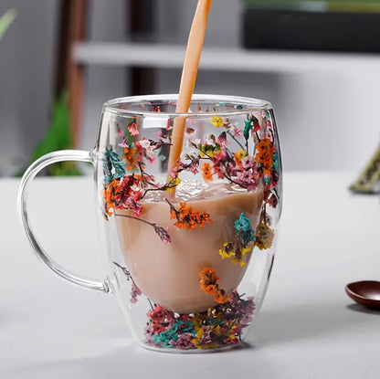 Insulated Double Wall Glass Cup Dried Flower Coffee Cup with Handle