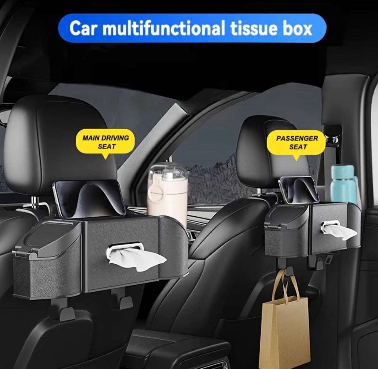 Multipurpose 7 in 1 vehicle/ car rear seat storage box with tissue cup holder