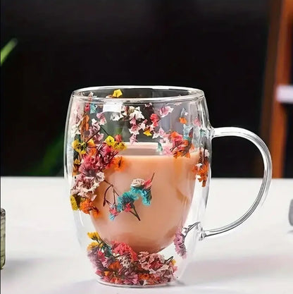 Insulated Double Wall Glass Cup Dried Flower Coffee Cup with Handle