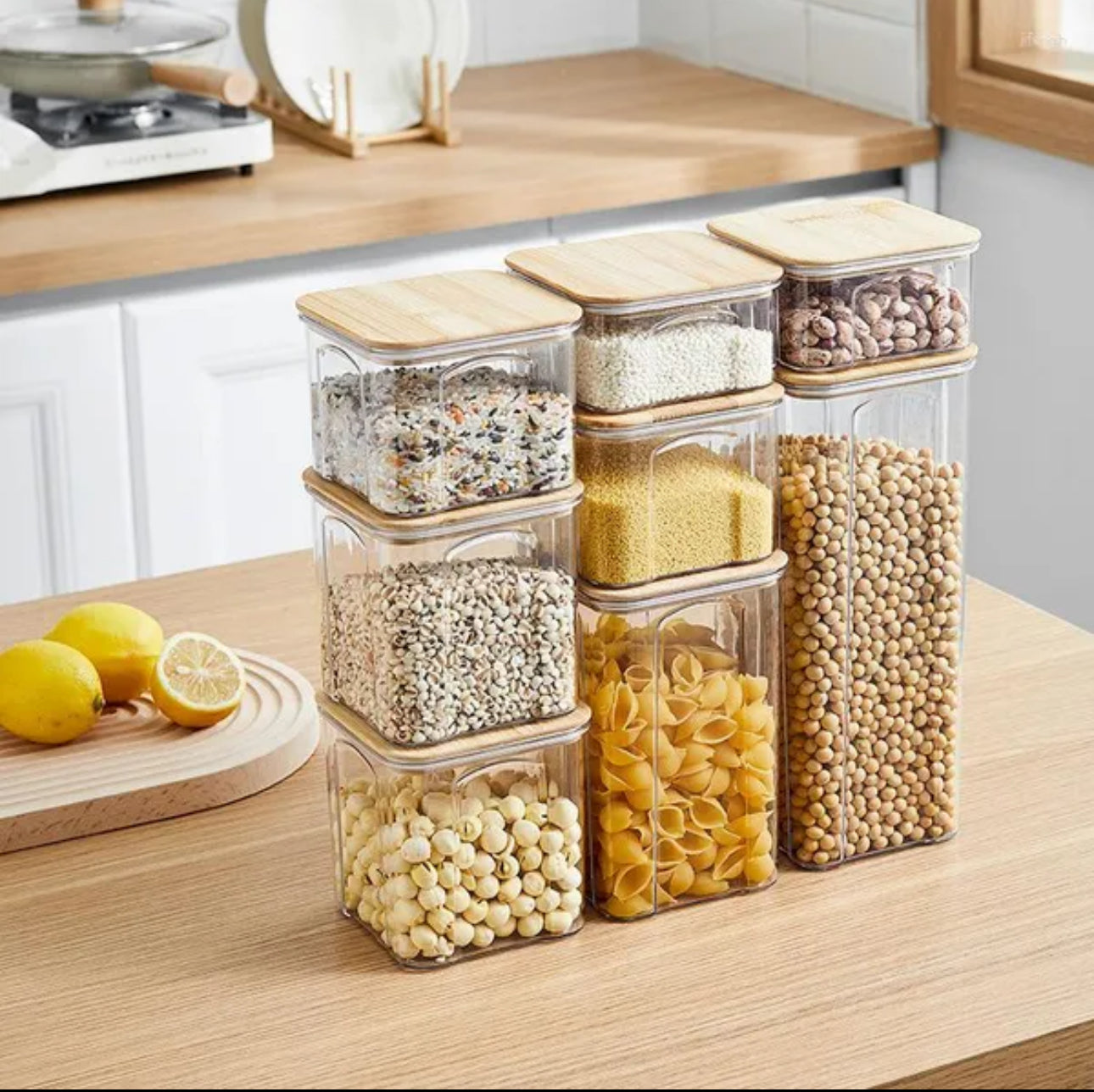 8pcs Airtight Transparent Acrylic Cereal Food/Pantry Storage Containers with bamboo lid