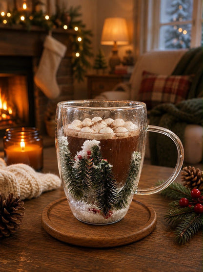 High borocillicate double-wall glass mug with pressed floral designs