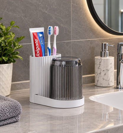 Toothbrush/toothpaste holder with gargle cup