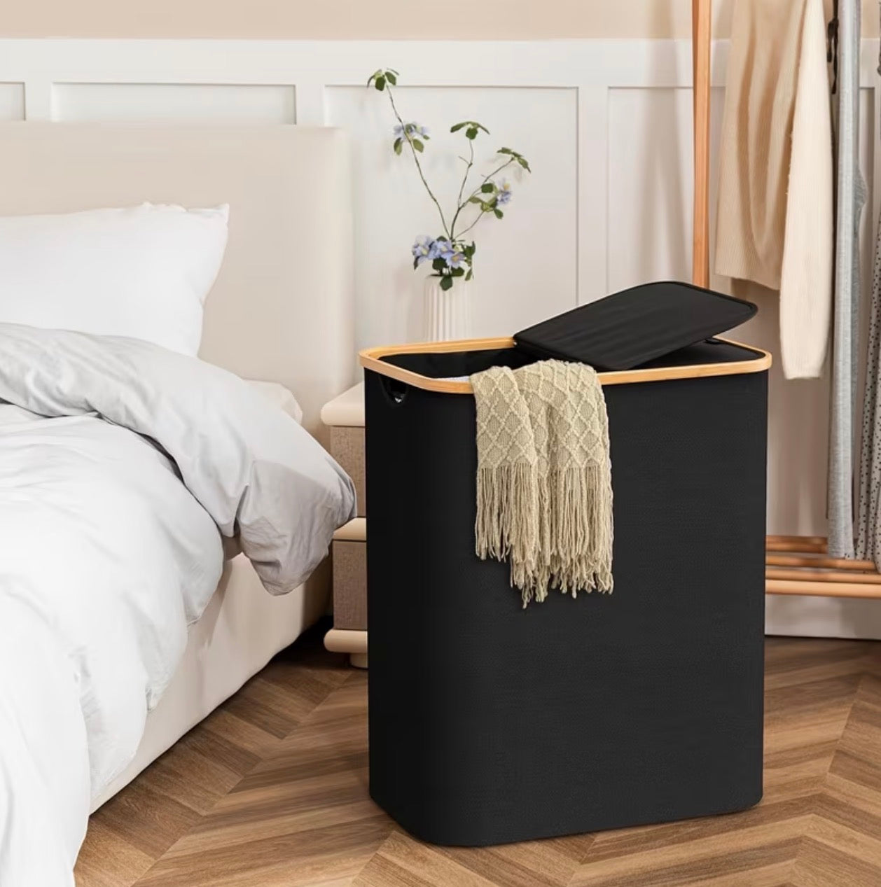 Bamboo laundry storage hamper with compartments