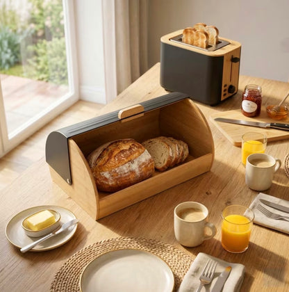 Bamboo Bread Box with Roll-Top Black Lid
