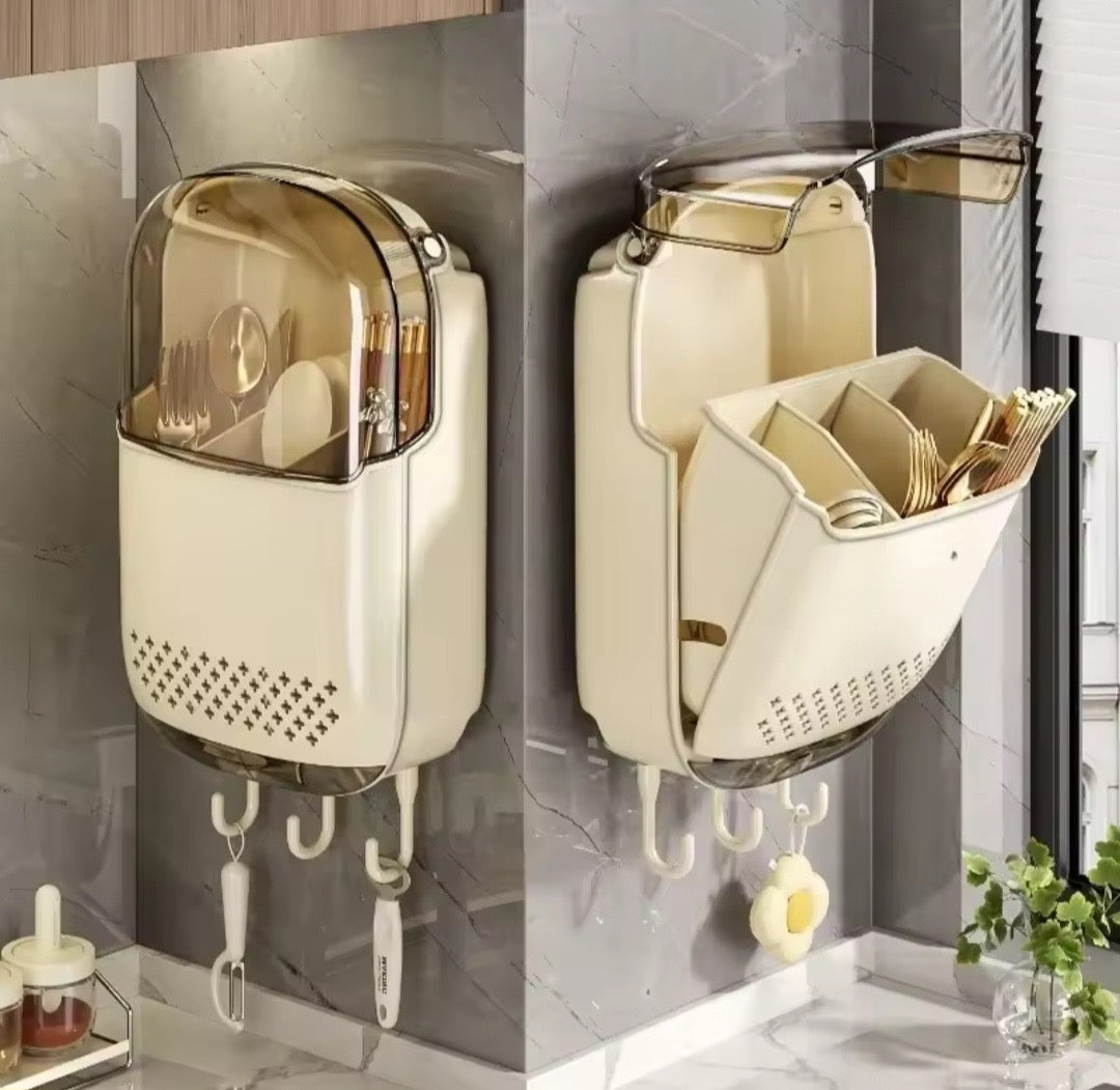 Wall Mounted Punch-free Cutlery Holder with Lid and Drain hole.