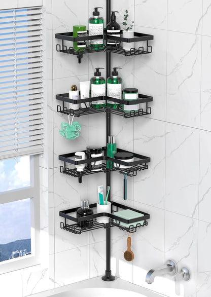 Telescopic corner bathroom organizer with shelves