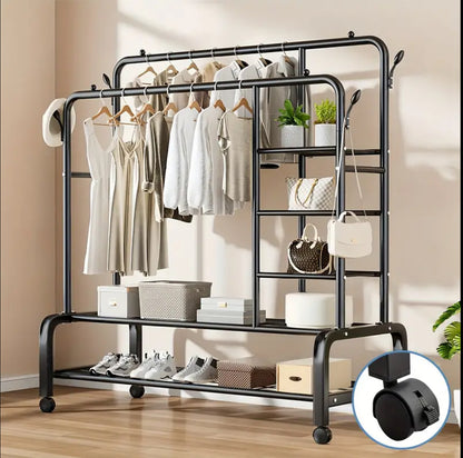 Double Layer Garment Rack Floor  Standing Clothes Hanger